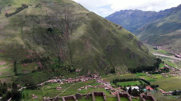 Aerial View of Sacred Valley of Incas and Pisac Village, Peru - drone shot alt