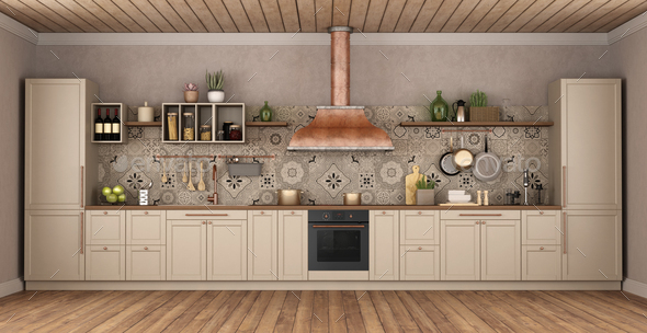 Classic style kitchen with copper hood - Stock Photo - Images