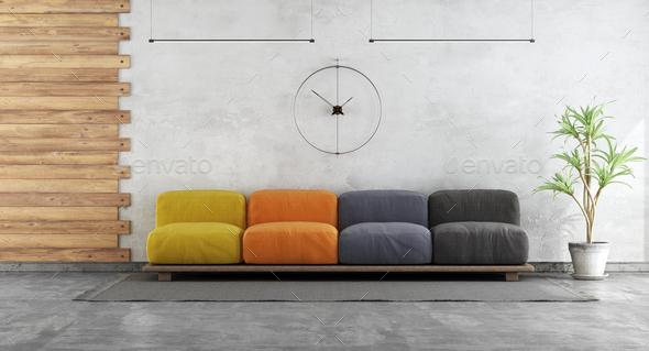 Minimalist living room with colorful sofa - Stock Photo - Images