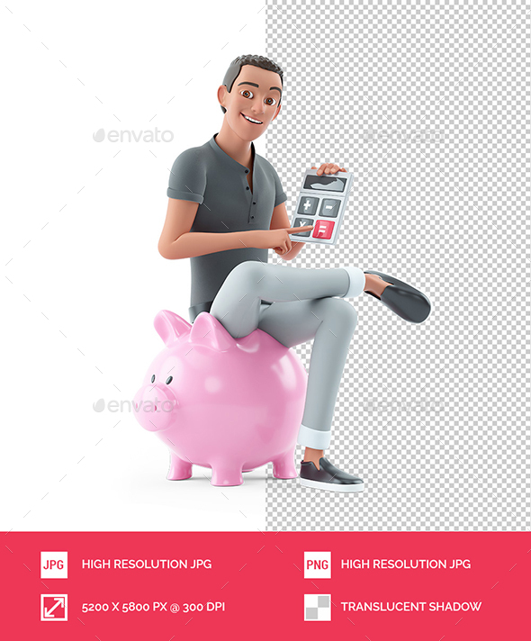 3D Character Man Sitting on Piggy Bank with Calculator