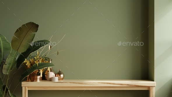 Mockup green wall with wooden shelf in kitchen room Stock Photo by vanitjan