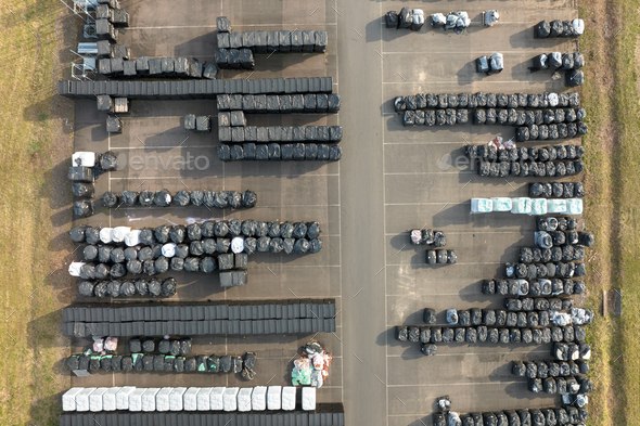 Aerial view of goods storage on warehouse yard and logistics center in ...