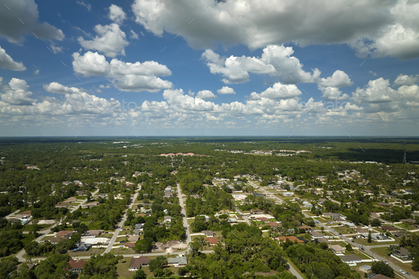 Aerial view of small town America suburban landscape with private homes