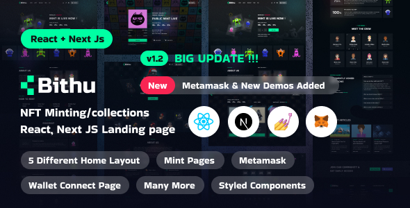 Bithu - NFT Minting/Collection React, Next JS Landing Page Template