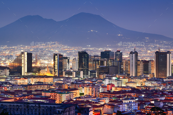 Naples, Italy with the financial district skyline under Mt. Vesuvius - Stock Photo - Images