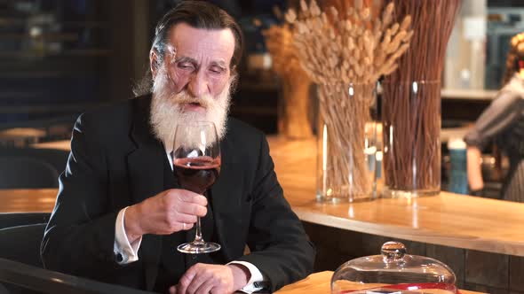 Senior Stylish Man Drinking Alcohol in Pub alt