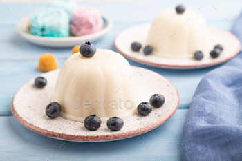 White milk jelly with blueberry on blue wooden,  side view, selective focus.