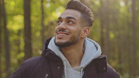 Portrait Handsome Bearded Hispanic Guy Travel Video Blogger in Great Nature alt