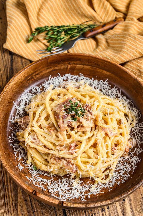 Spaghetti Carbonara pasta with pancetta, egg, hard parmesan cheese and