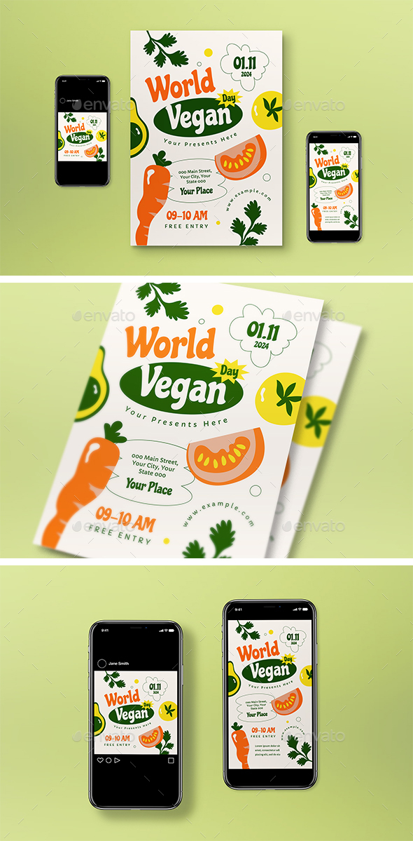 Orange Green Hand Drawn World Vegan Day Flyer Set
