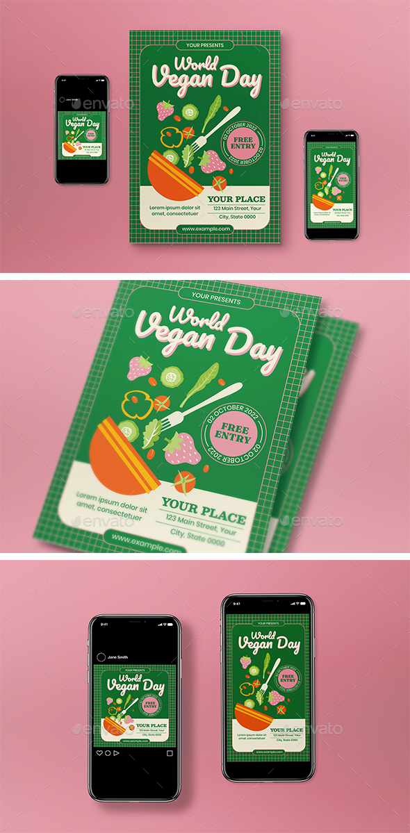 Green Modern World Vegan Day Flyer Set