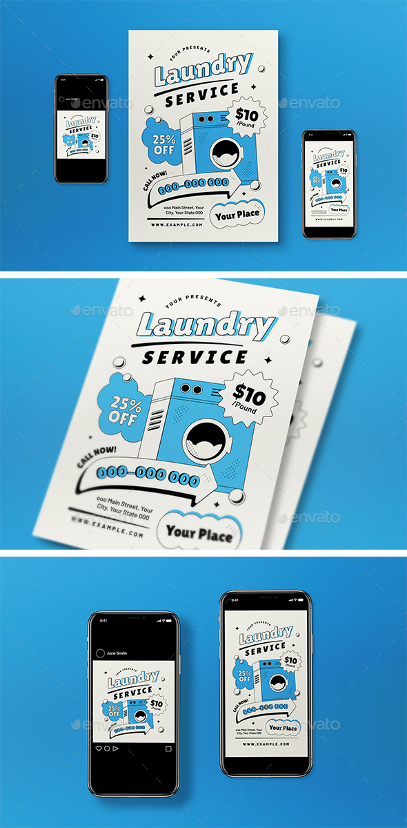 Blue Flat Design Laundry Services Flyer Set