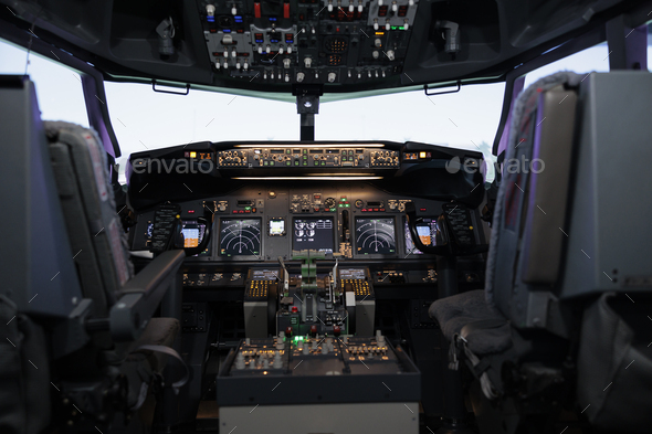 Empty airplane cabin with dashboard command and control panel