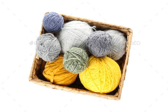 Yellow wool yarn ball isolated on white background, Stock image