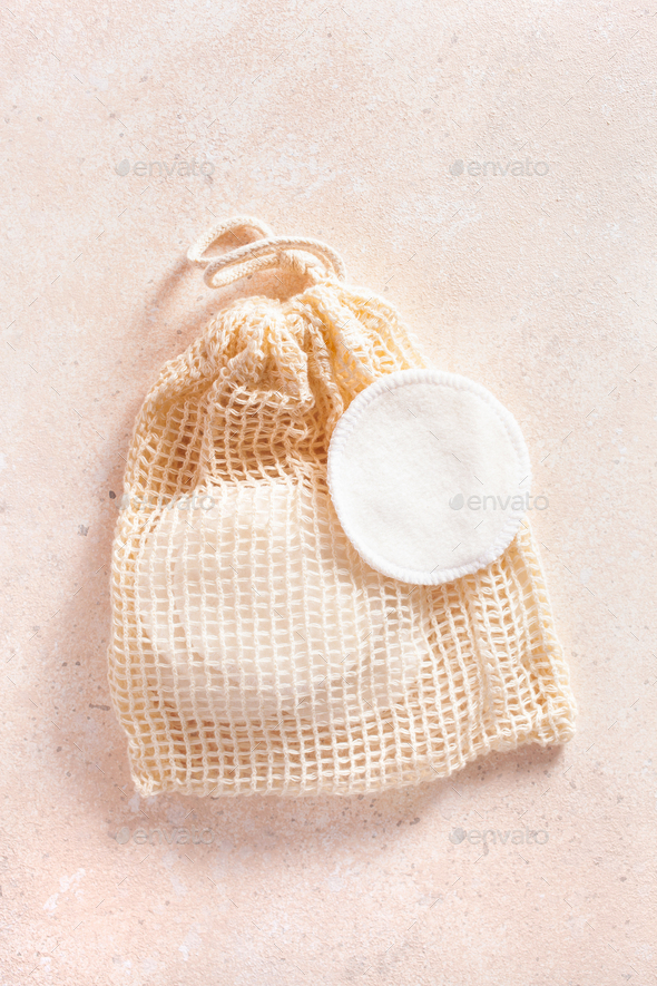 zero waste eco friendly hygiene bathroom concept. reusable cotton pads in bag, makeup removal