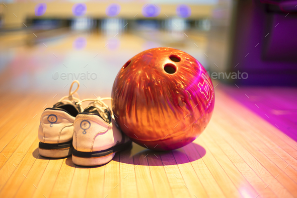 bowling shoes and ball for bowling game on the background of the