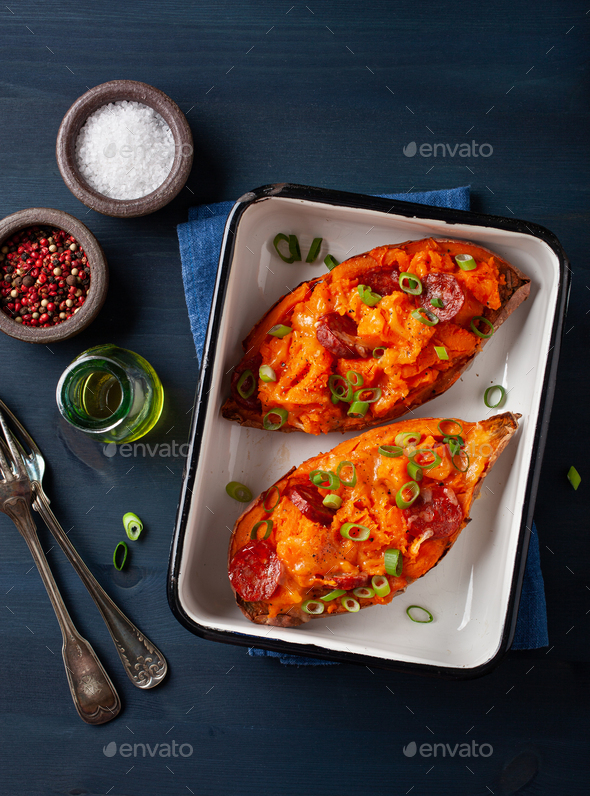 Twice Baked Sweet Potato With Cheese And Chorizo Sausage Stock Photo By ...