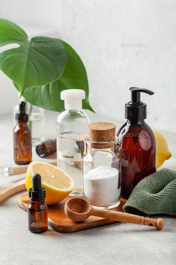 zero waste eco friendly cleaning concept. wooden brushes, baking soda