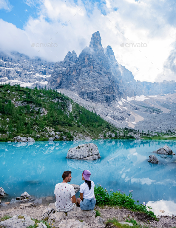 Beautiful Lake Sorapis , Lago di Sorapis in Dolomites, popular travel destination in Italy - Stock Photo - Images