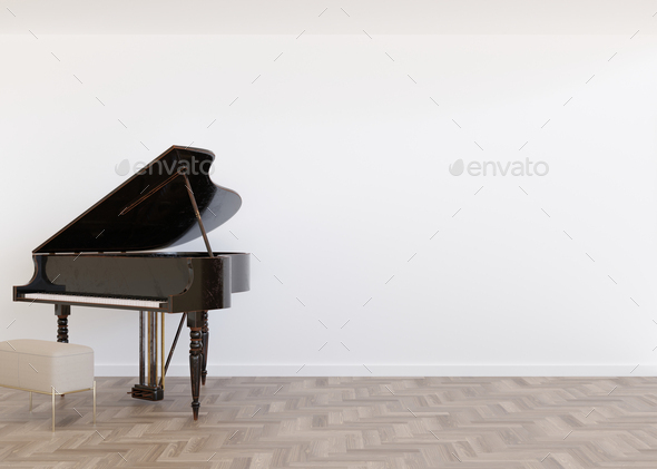 Room with parquet floor, white wall and empty space. Black piano. Mock up interior. Free, copy space