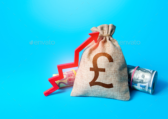 British pound sterling money bag and red up arrow. - Stock Photo - Images