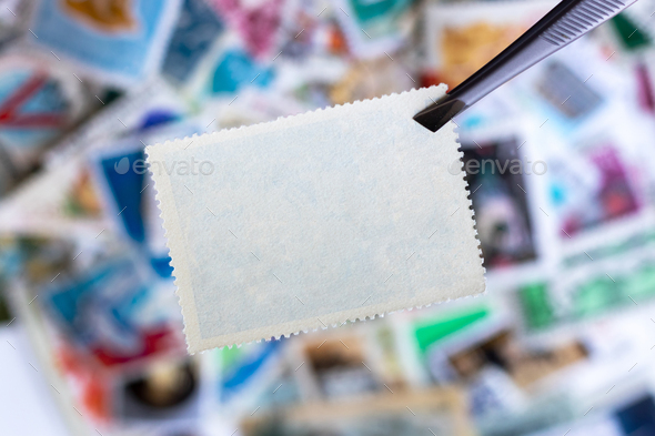 Blank postage stamp in tweezers against blurred background collection of multicolored postage stamps