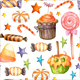 Watercolor Seamless Pattern with Halloween Sweets and Candies 