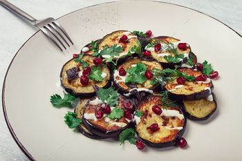 Fried eggplant, with white sauce, pomegranate seeds, top view, no people,