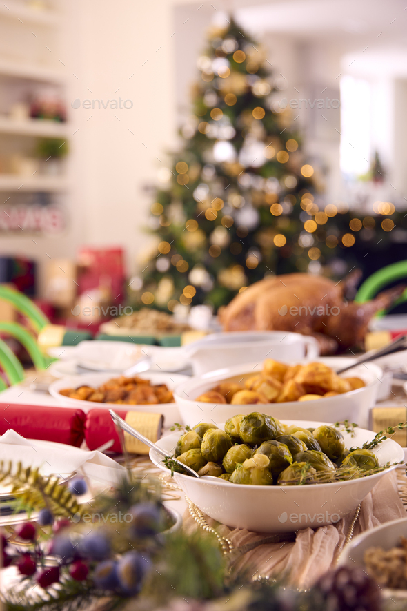 Table At Home Set For Christmas Lunch With Roast Turkey And Vegetables ...