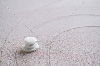 Japanese Zen Garden with Pebble with Line on Sand