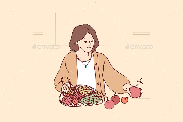 Woman with Fresh Vegetables and Fruits