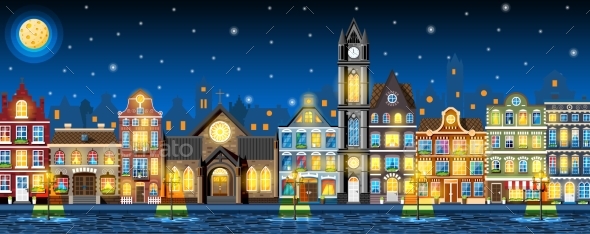 Traditional European Town in Night