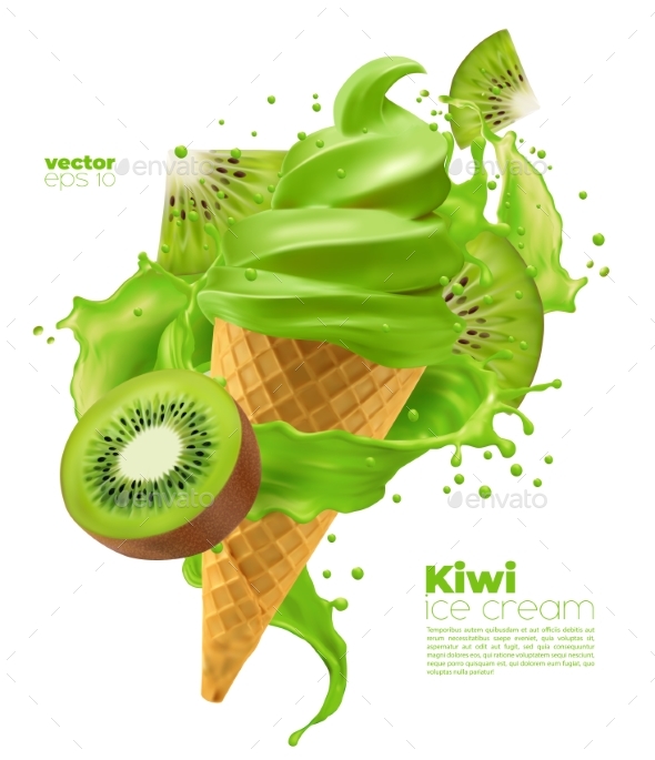 Isolated Kiwi Soft Ice Cream Cone with Splash