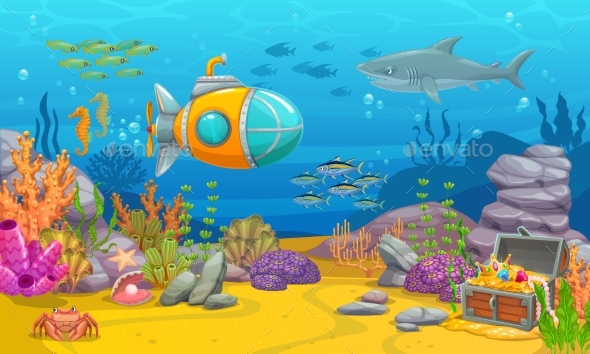 Underwater Game Landscape with Submarine Chest
