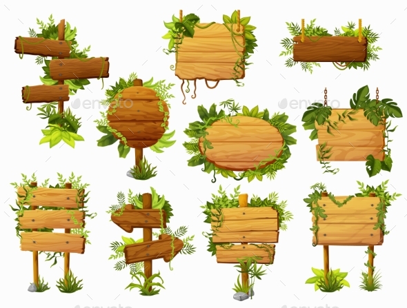 Cartoon Wooden Sign Boards Tropical Jungle Lianas
