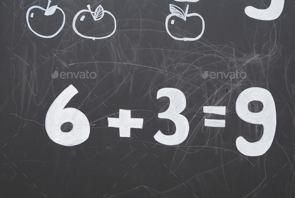 School . Math lesson for first graders, blackboard.