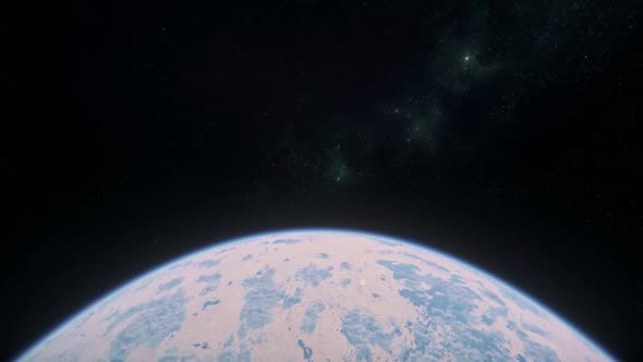 3D animation of a view from space to the planet Earth. Rotation of the planet with animation of the