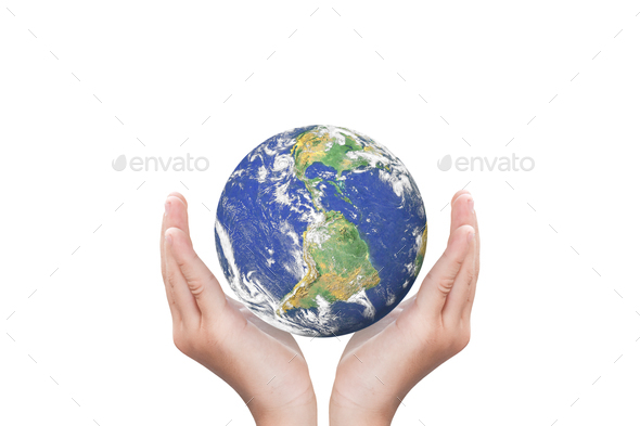 Globe, earth in child hand isolated on white background