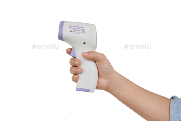 Hand holding digital infrared thermometer (thermometer gun) Isolated on white background
