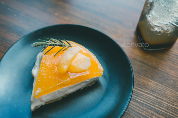 Mango cheese pie, Tropical fruit in sweet dessert cake with cream and cheese
