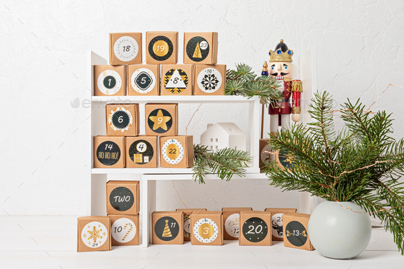 Handmade advent calendar. Gift boxes for Xmas - Stock Photo - Images