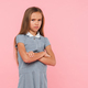 Offended sad angry caucasian preteen teenage girl schoolgirl in blue dress showing negative emotions - PhotoDune Item for Sale
