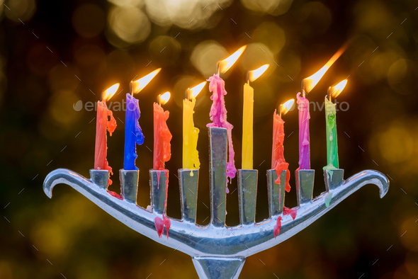 Jewish Holiday Hanukkah With Menorah Traditional Burning Candles Stock ...