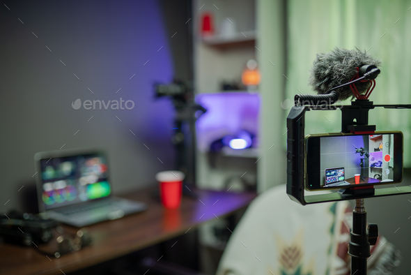 Equipment streaming live smartphone and mic ready for streaming live in the studio - Stock Photo - Images