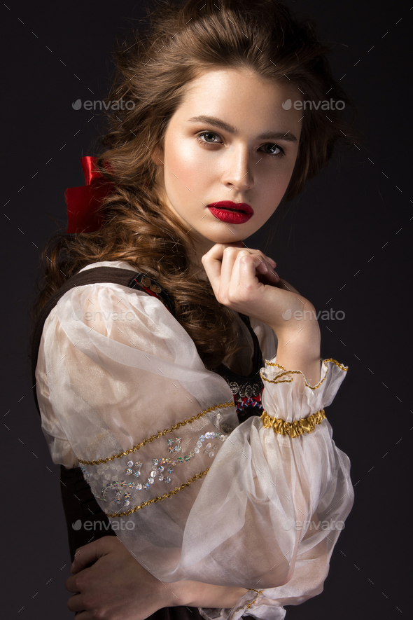 Beautiful Russian Girl In National Dress With A Braid Hairstyle And Red Lips Beauty Face Stock