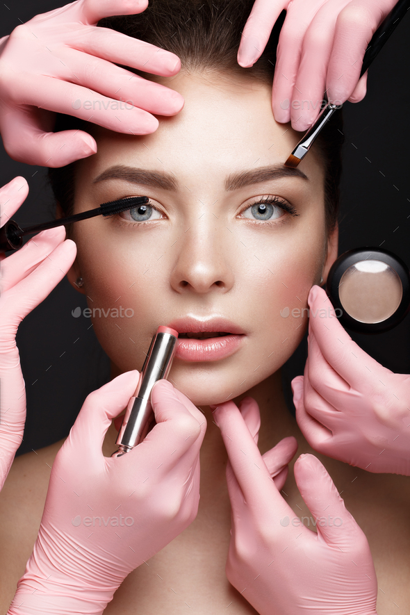 Beautiful Young Girl With Natural Nude Make Up With Cosmetic Tools In Hands Beauty Face Stock 3492