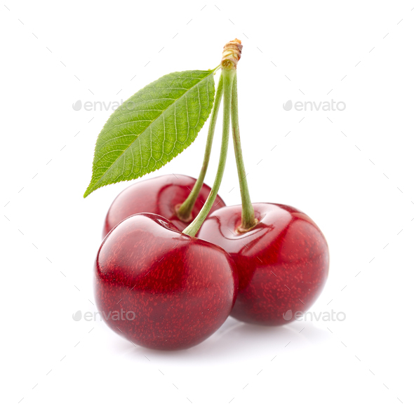 Cherry with leaves on white background - Stock Photo - Images