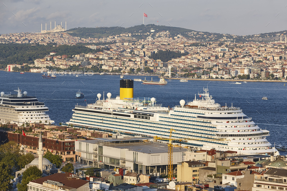 Maritime traffic in Bosphorus strait. Istanbul cityscape landmark view. Turkey
