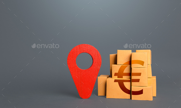 Cardboard boxes with euro and tracking symbol. Red pin geolocation.