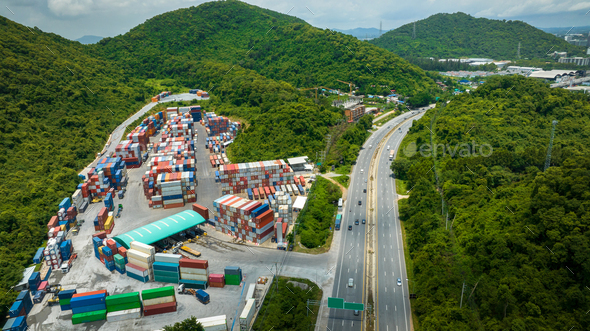 Shipyard Cargo Container Sea Port around mountain Freight forwarding service logistics and transport